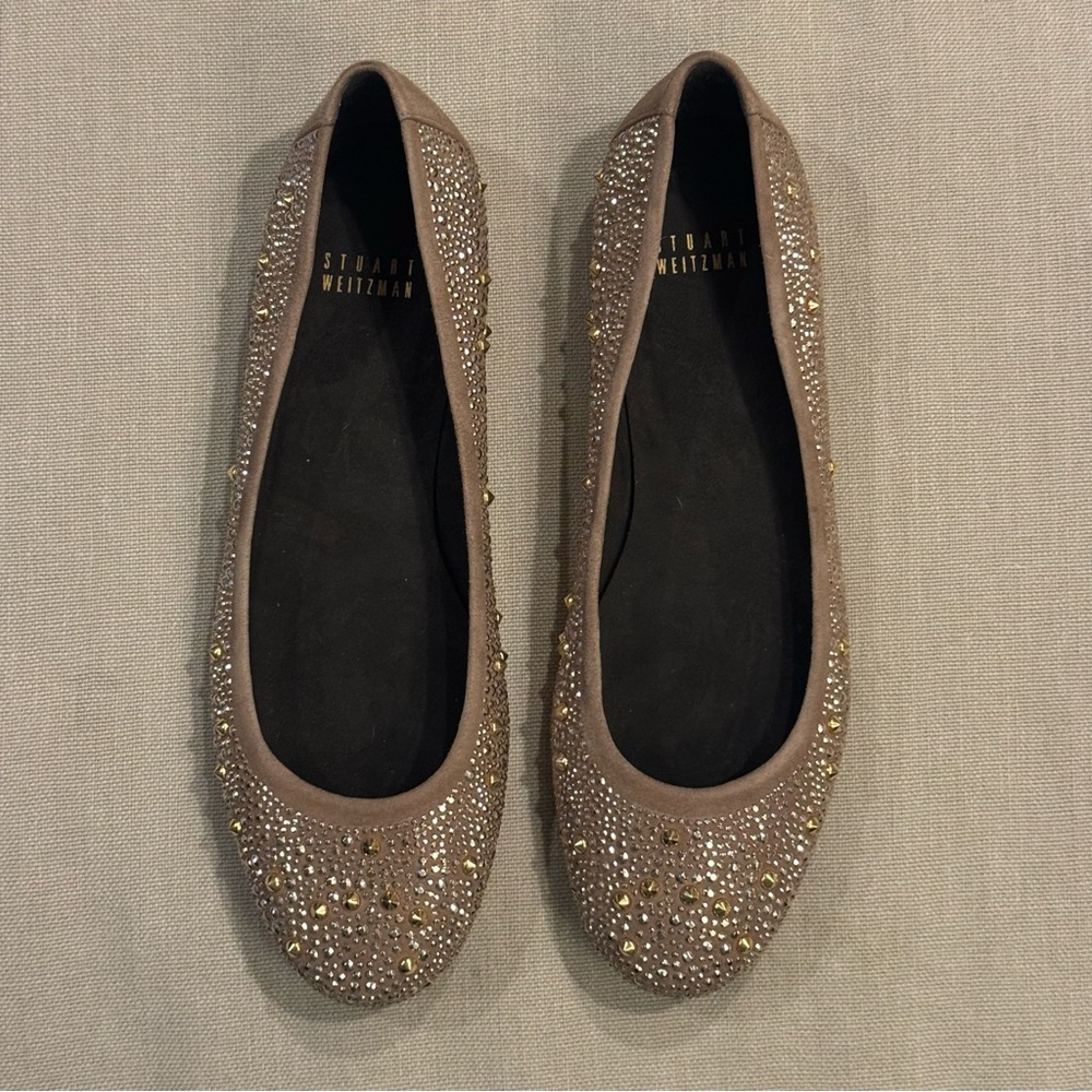 STUART WEITZMAN Crystal Embellished Suede Ballet Flats - Taupe - Size 9 - Picture 4 of 11